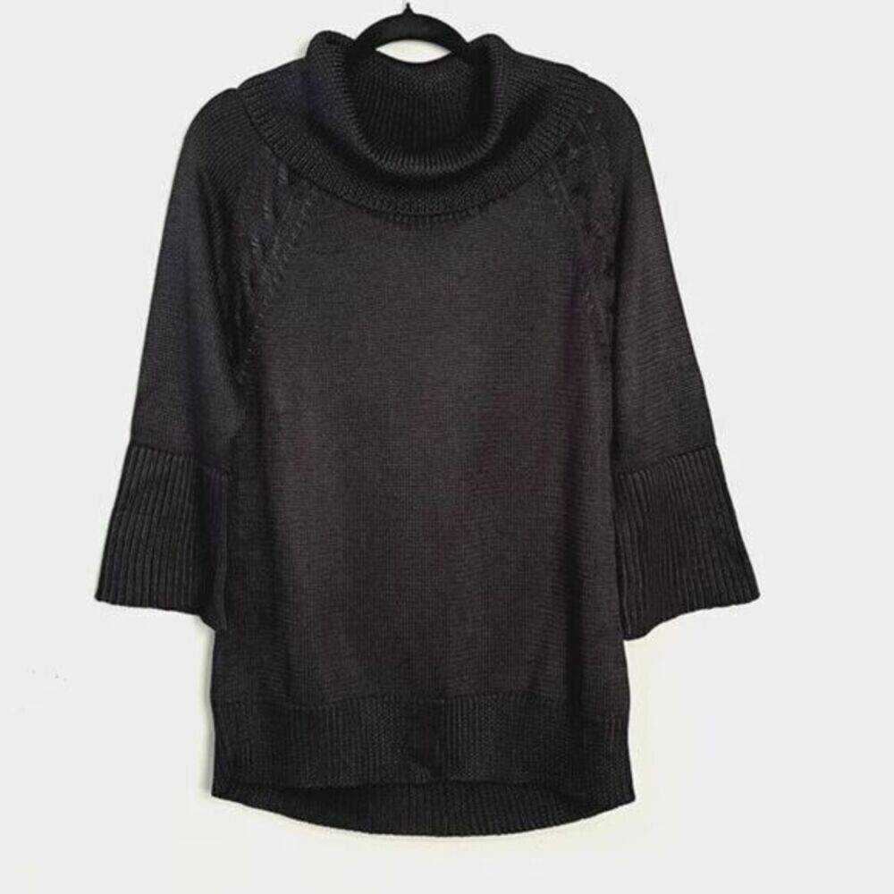 Chico's Cowl Neck Sweater Women 2(L) Black Chunky Knit 3/4 Flare Sleeves Classic